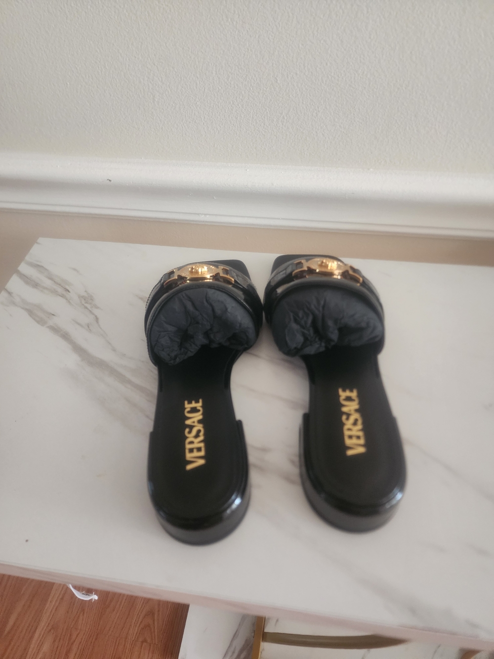 Versace Black Leather Slide Sandals with Gold Medusa Accent